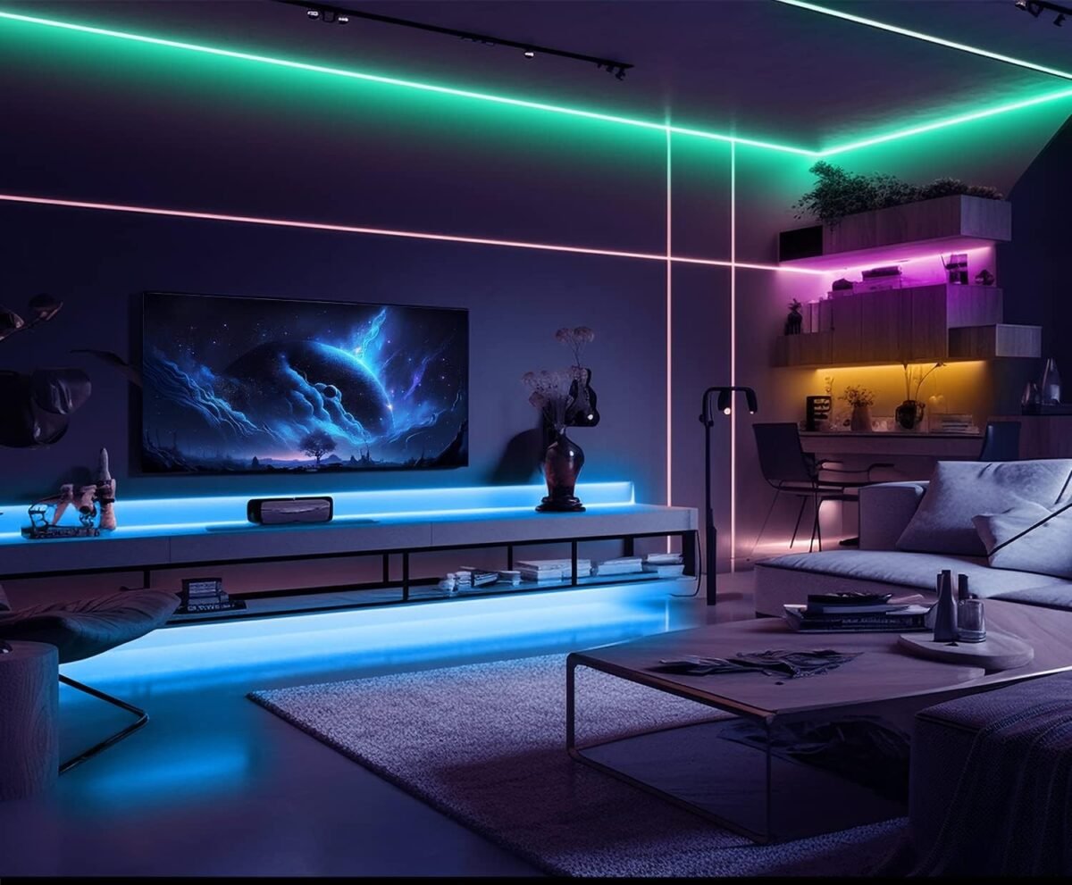 Cozy and modern living room illuminated with stylish LED strip lights, showcasing vibrant colors and smart lighting for contemporary home décor.