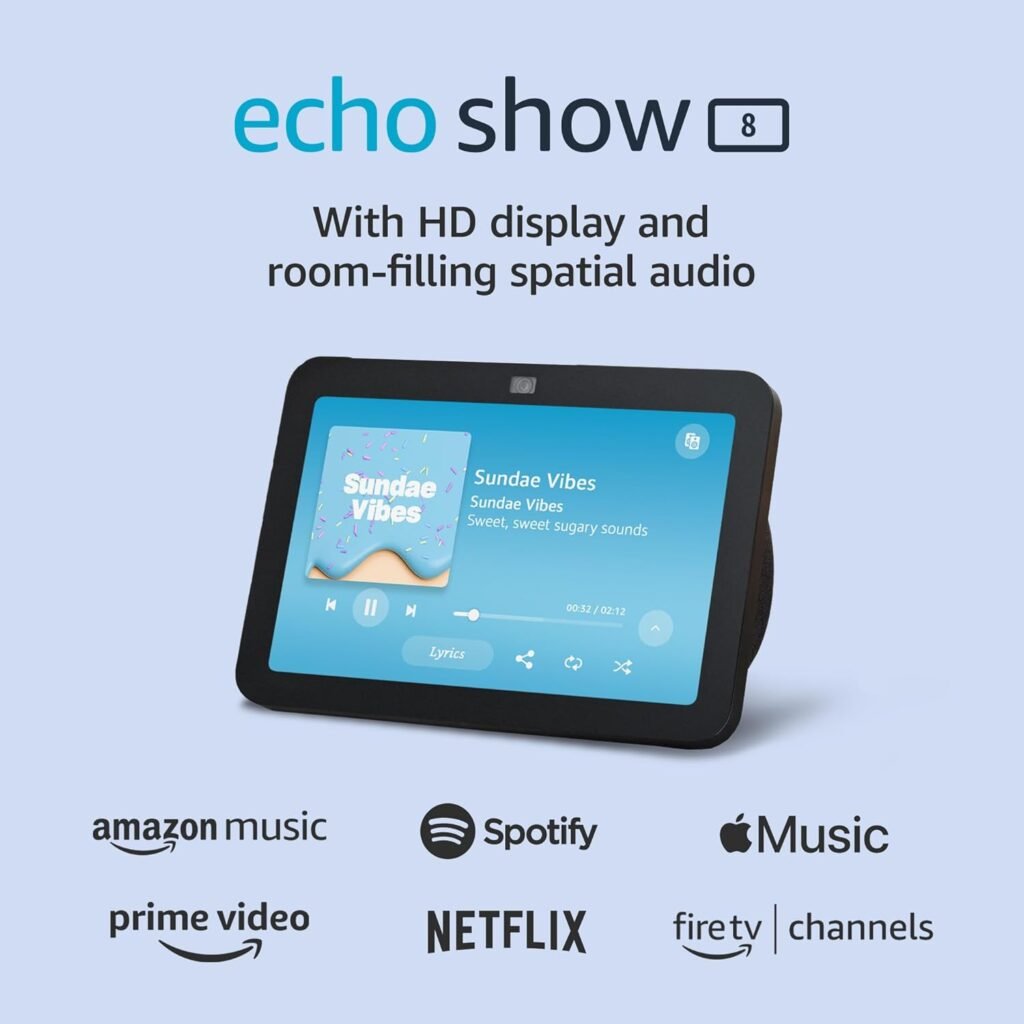 Amazon Echo Dot Alexa smart speaker on a wooden table, used for voice control of smart home devices, playing music, and answering questions.