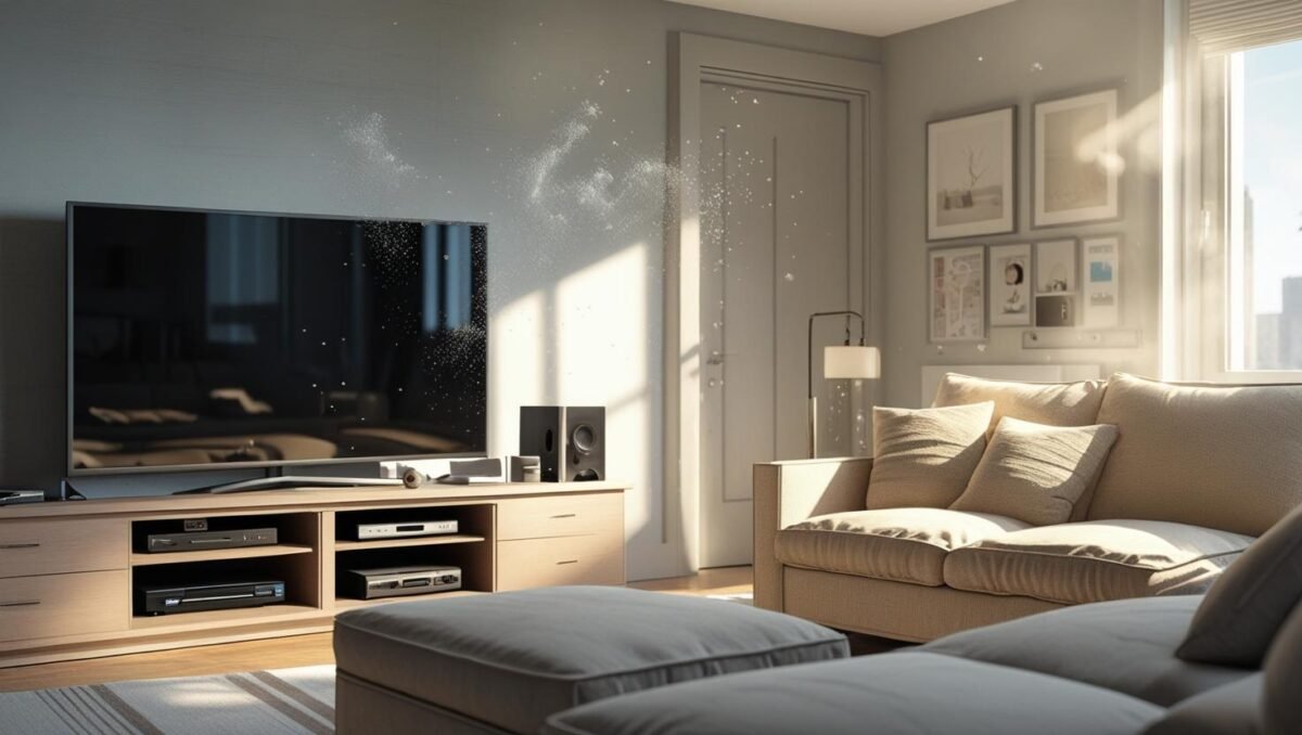 Modern American living room featuring smart home technology, including voice assistant devices, smart lighting, and entertainment system.