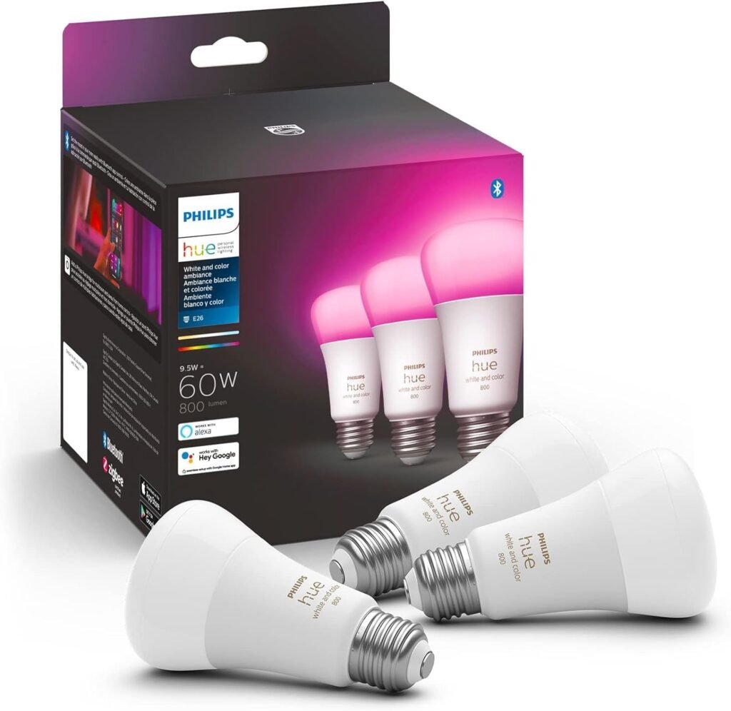 Color-changing smart light bulb illuminating a room, controllable via smartphone or voice assistant